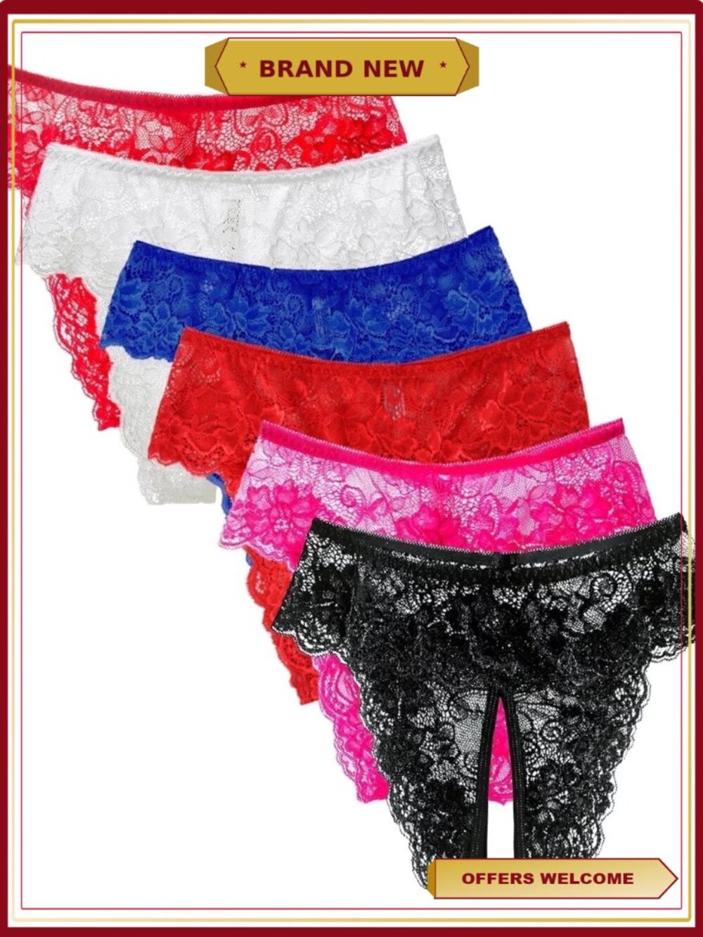 Sexy Crotchless Lace Thong Panties 6-Pack Women's Valentine's Lingerie